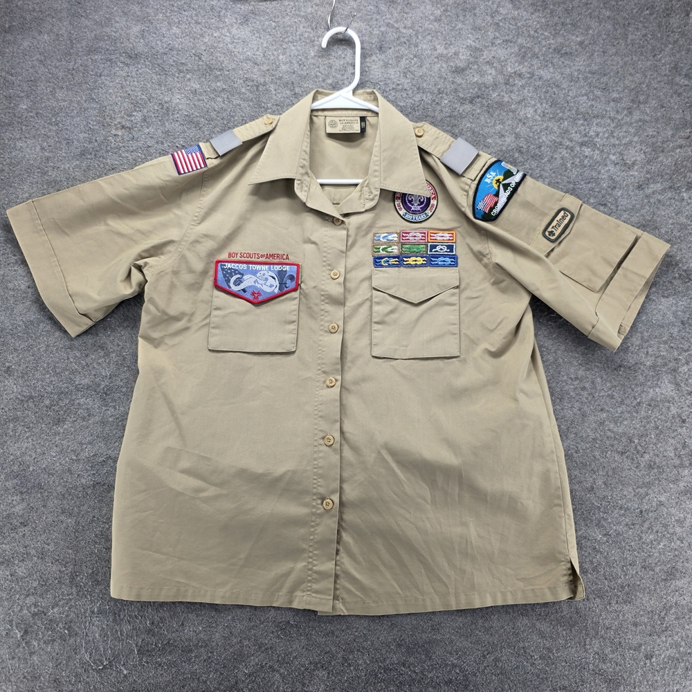 Boy Scouts Of America Button-Up Womens L Beige Shirt Short Sleeve Patches